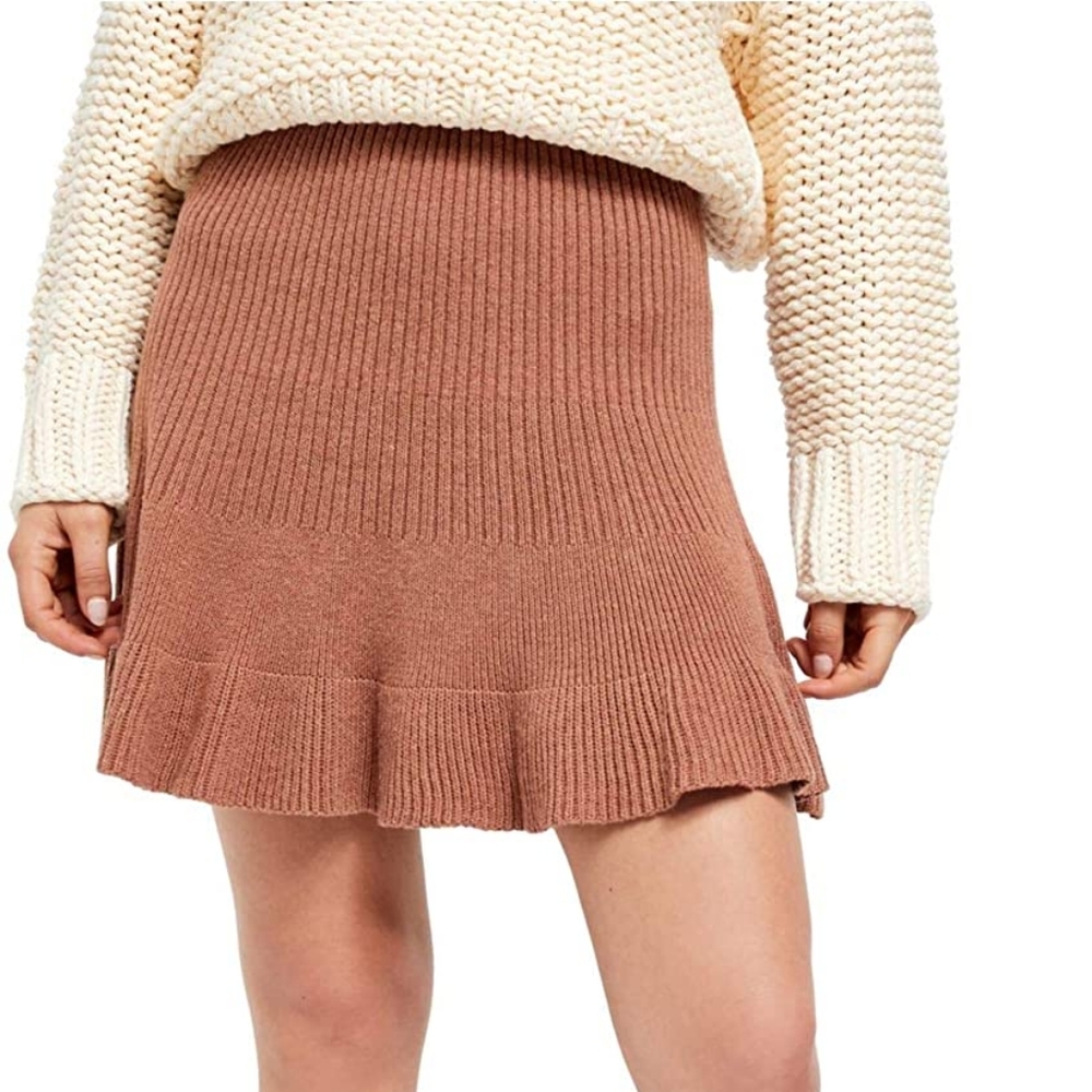 Free People Pull-on Brown Flounce hem Mini knit Skirt - size Small